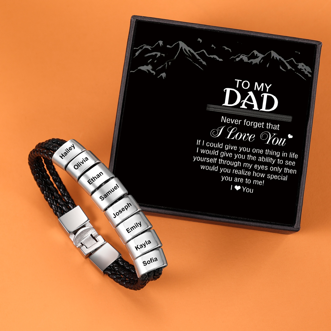 Personalised Braided Leather Bracelet Engraved 8 Names Men's Bracelet Gifts For Him-Jessemade AU