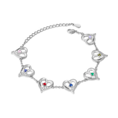 7 Names - Personalised Heart Bracelet Customised Names & Birthstones Bracelets Silver Valentine's Day Gift For Her-Jessemade AU