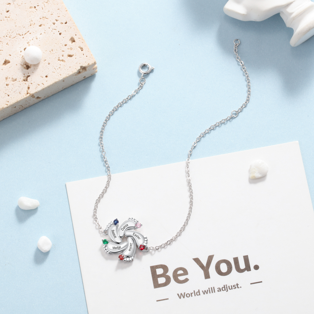 Personalised Baby Foot Necklace With 5 Birthstones Engraved Names Gift For Mother-Jessemade AU