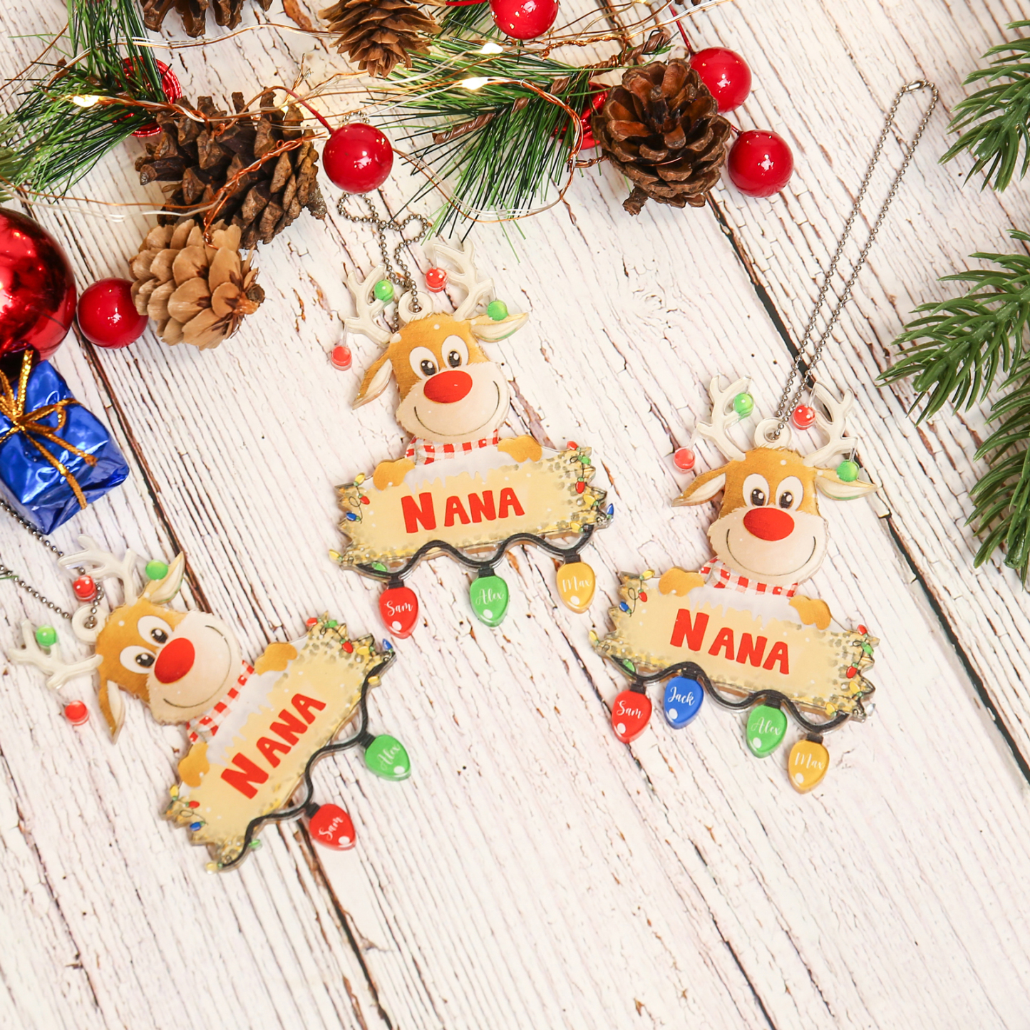 4 Names - Personalised Acrylic Christmas Reindeer Ornaments Customised Text & Name Xmas Decor Gifts for Family-Jessemade AU