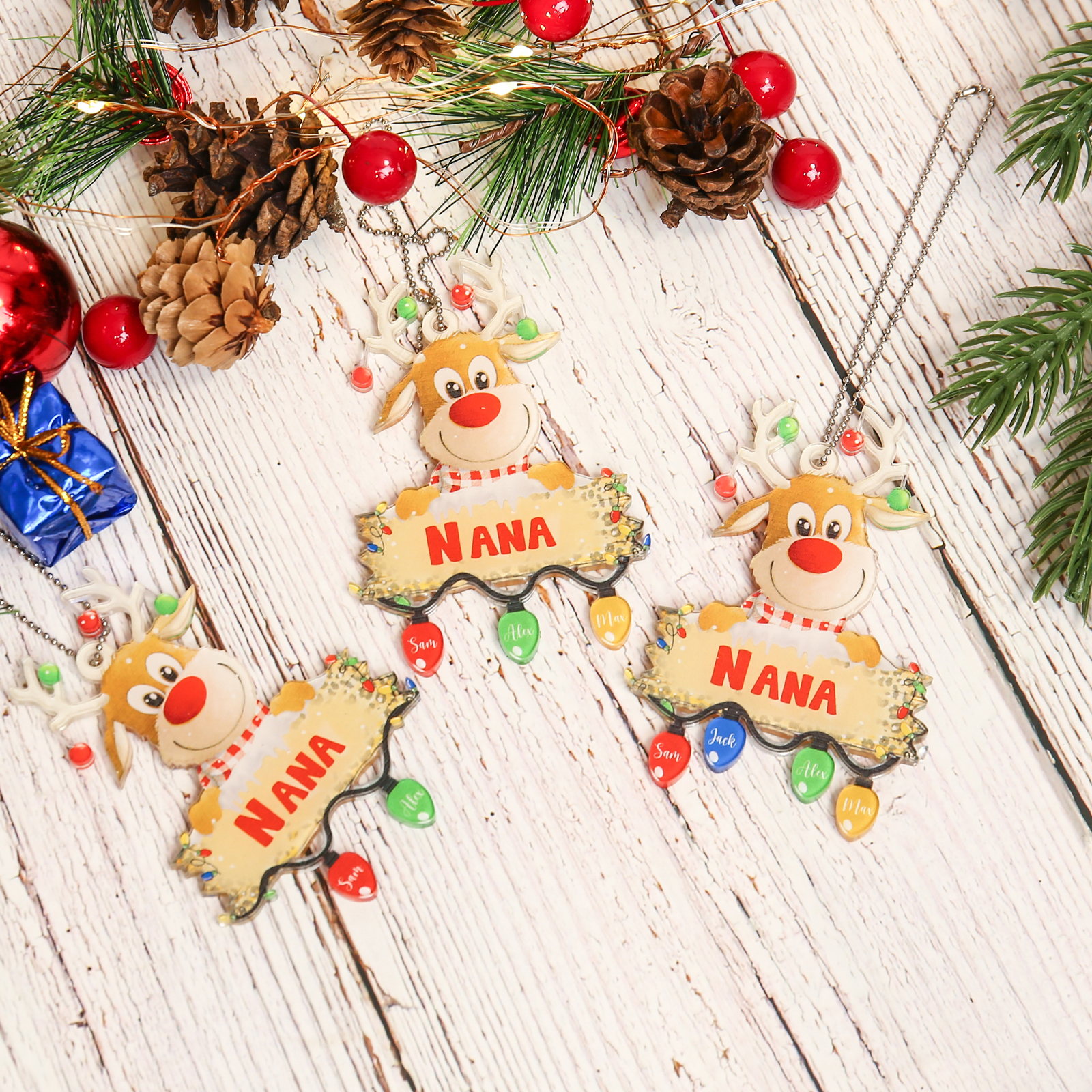 4 Names - Personalised Acrylic Christmas Reindeer Ornaments Customised Text & Name Xmas Decor Gifts for Family-Jessemade AU