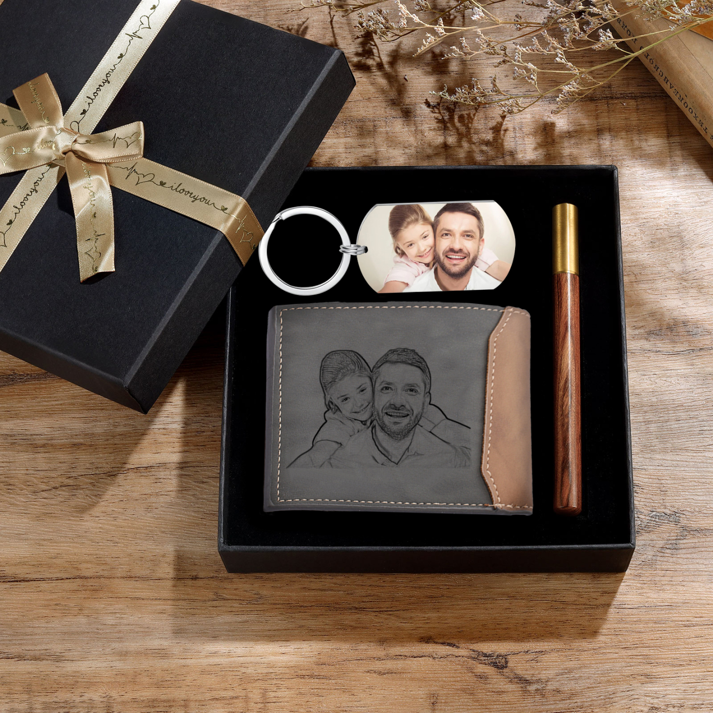 Personalised 2 Texts & 2 Photos Gift Set Wallet & Keychain & Pen Gift Box Set Father’s Day Gift for Him-Jessemade AU
