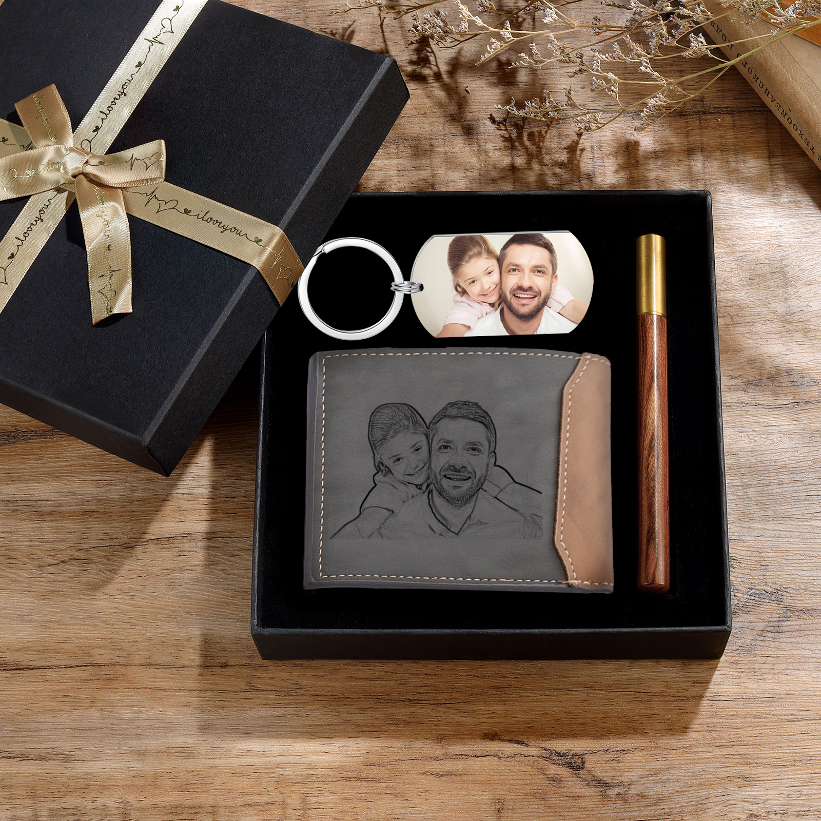 Personalised 2 Texts & 2 Photos Gift Set Wallet & Keychain & Pen Gift Box Set Father’s Day Gift for Him-Jessemade AU
