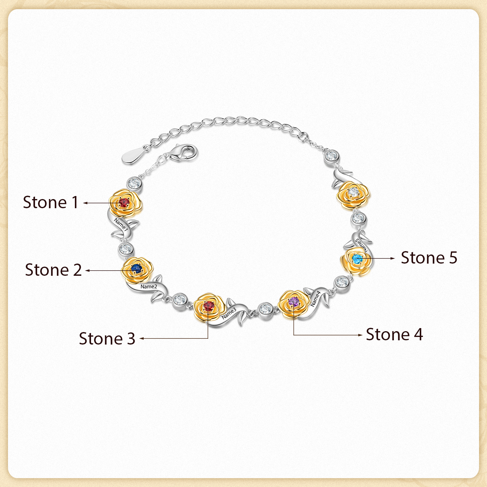 Flowers Bracelet Personalised 5 Birthstones Bracelet Engraved Names Flowers Charm Gifts For Her-Jessemade AU