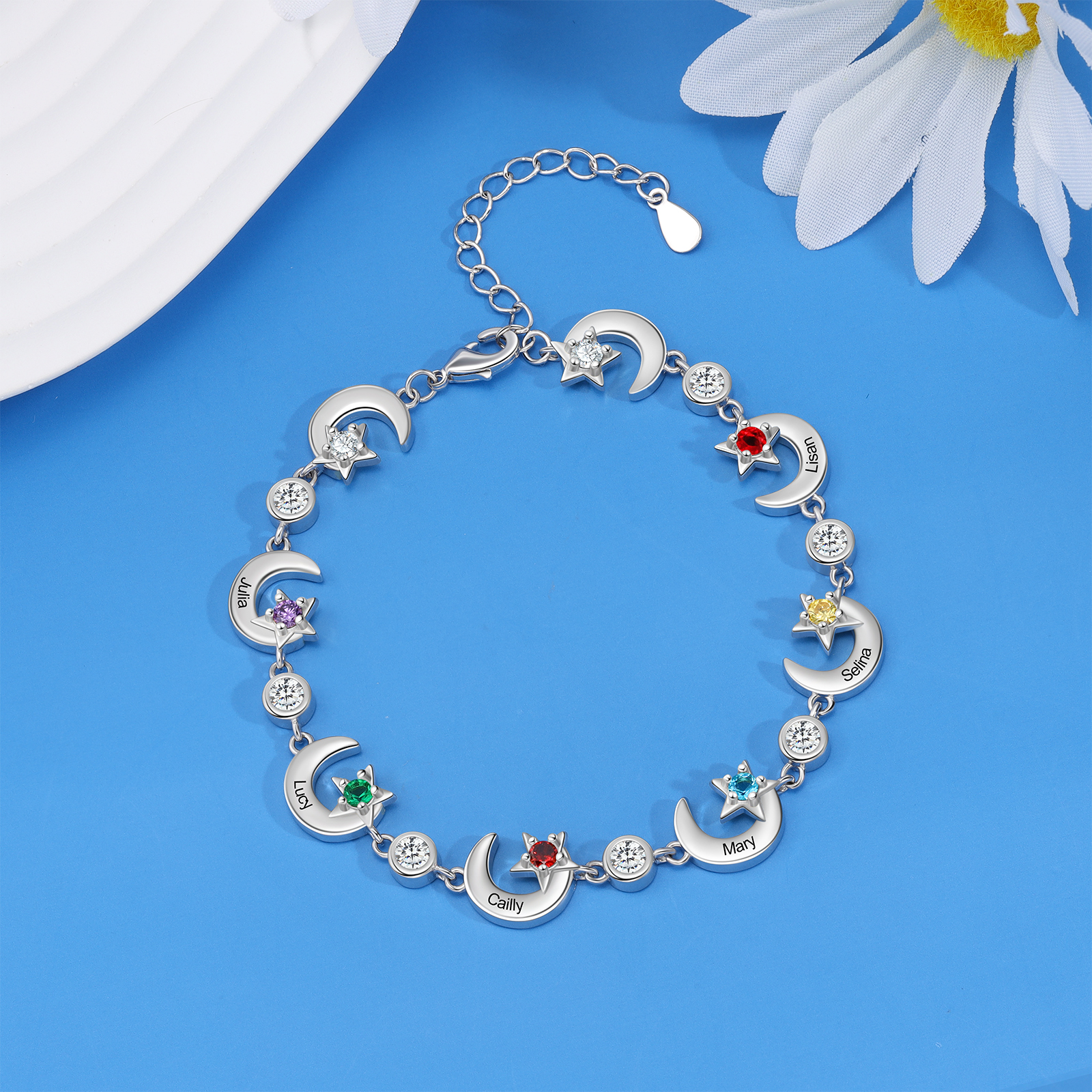 Personalised Moons And Stars Bracelet With 6 Birthstones Custom Names Bracelet Gift For Women-Jessemade AU