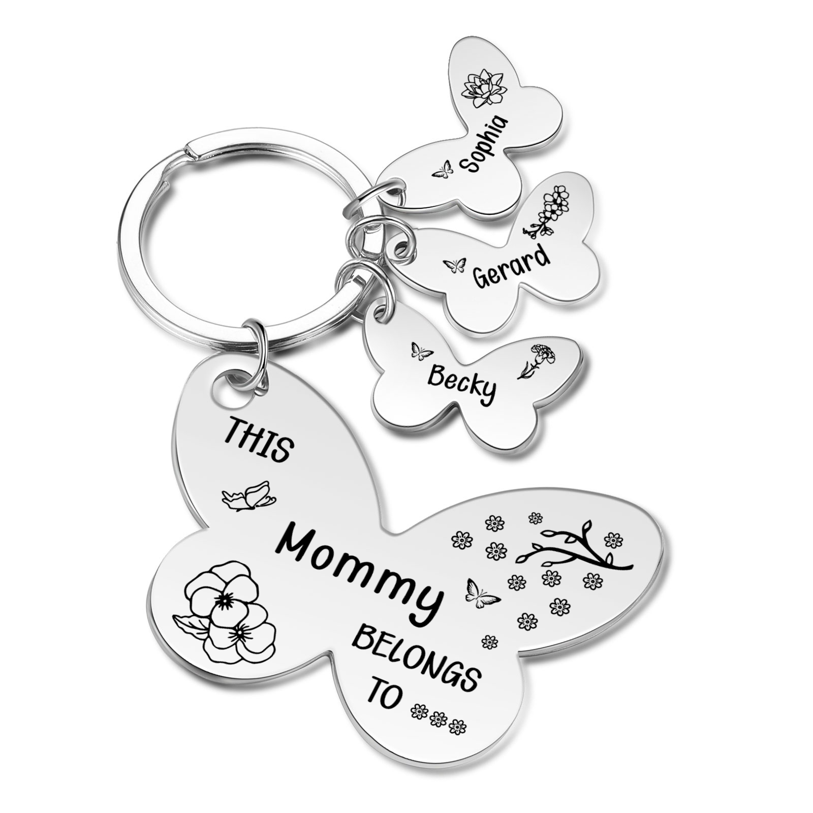 Personalised 3 Names & 3 Birthday Flowers & 1 Text Keychain Custom Butterfly Family Keychain Gift for Mother/Grandma-Jessemade AU