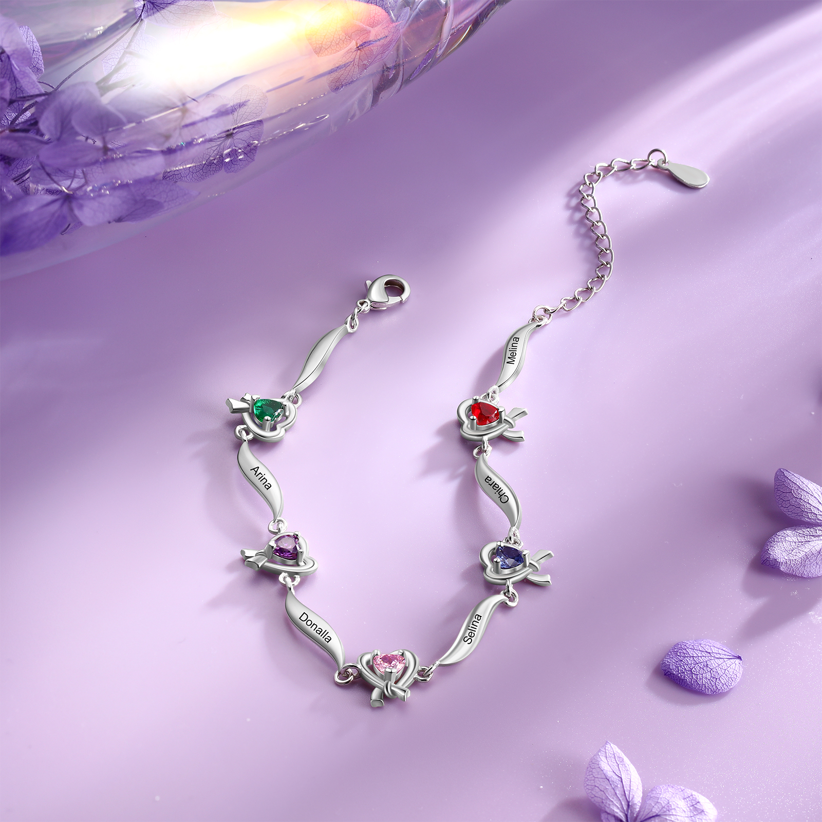 Personalised Heart Bracelet with 5 Birthstones Engraved Names Bracelet Gifts For Her-Jessemade AU