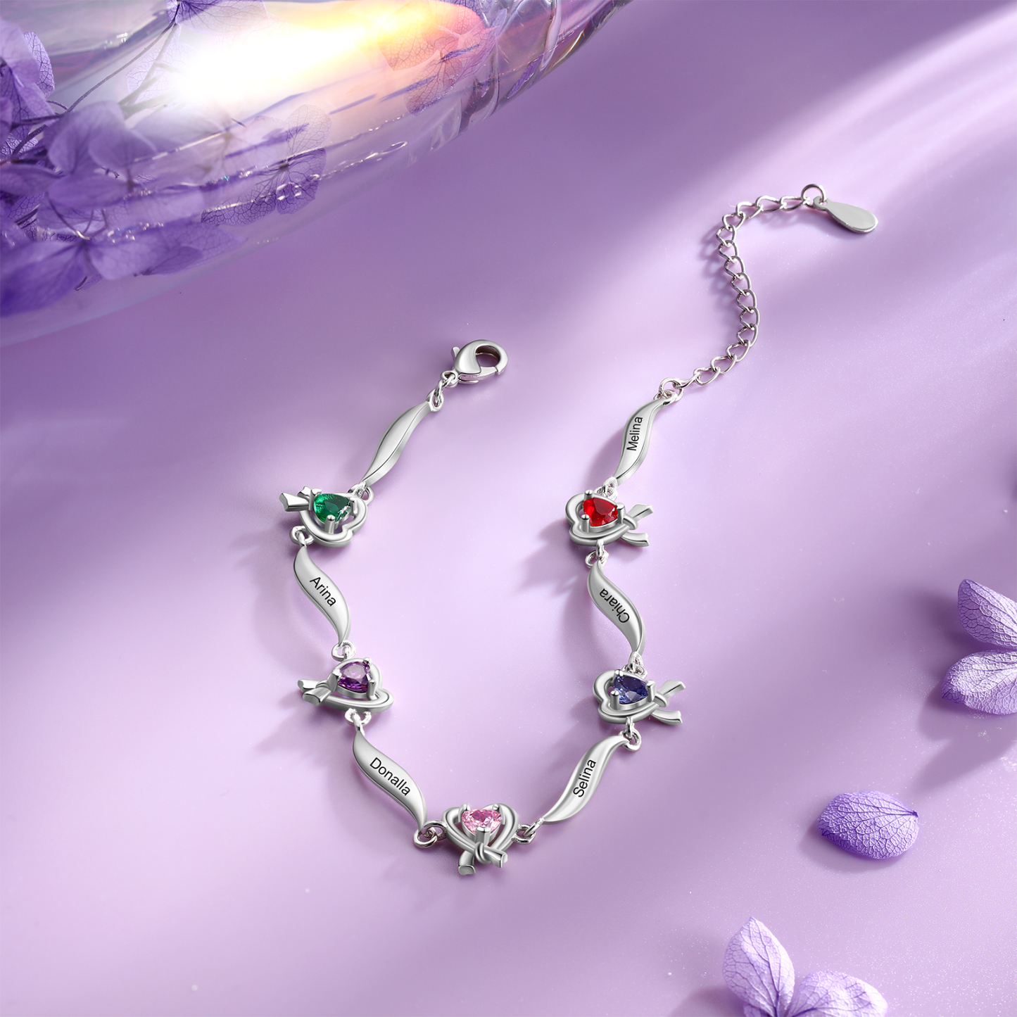 Personalised Heart Bracelet with 5 Birthstones Engraved Names Bracelet Gifts For Her-Jessemade AU