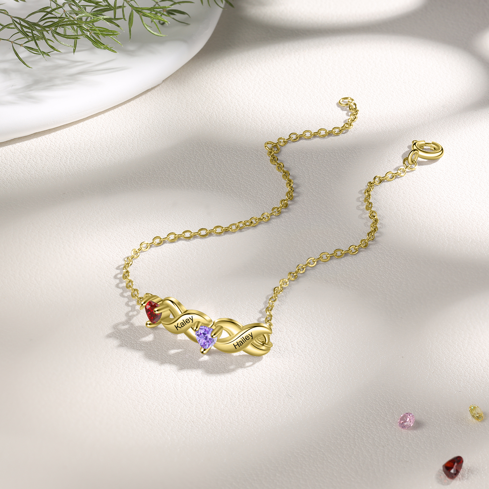 Family Custom Bracelet Heart Personalised with 2 Birthstones Gift Box Set-Jessemade AU