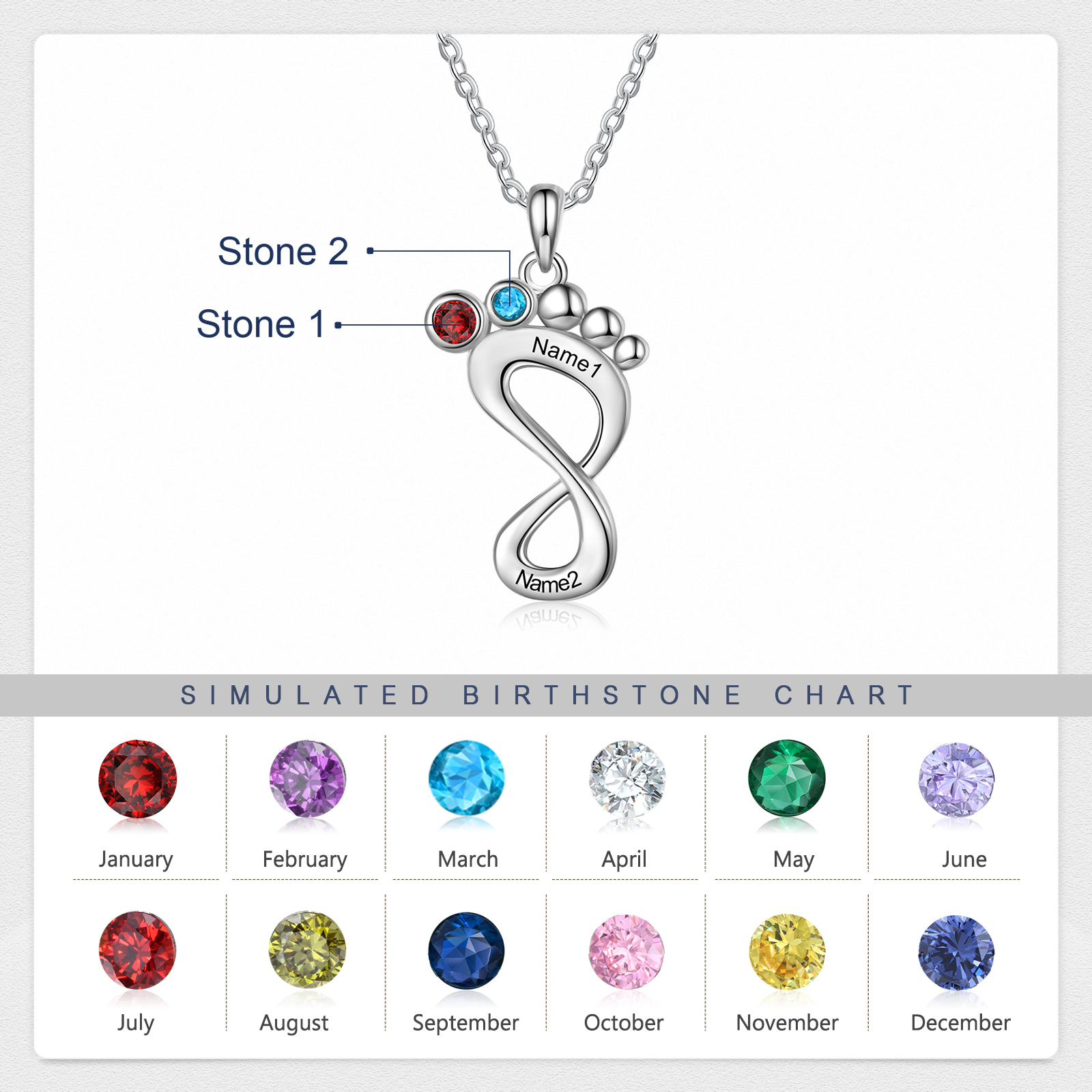 Personalised Baby Foot Necklace With 2 Birthstones Engraved Family Names Gift For Mother-Jessemade AU
