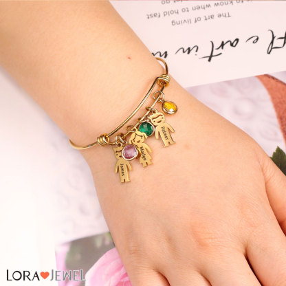 Women Bangle Bracelet with Kids Charms 3 Birthstones Engraved 3 Names Rose Box Set-Jessemade AU
