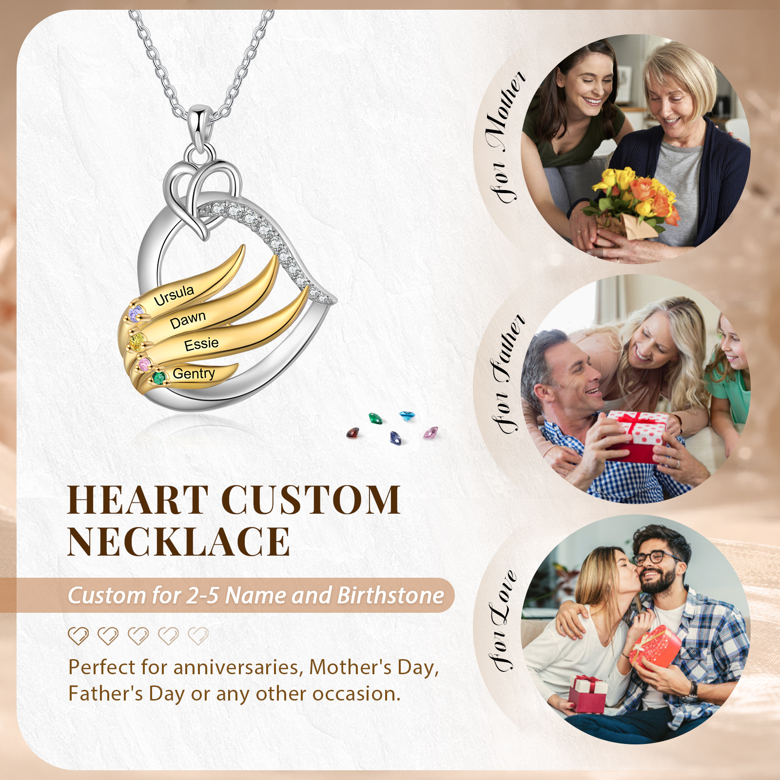 Personalised Golden Intertwined Heart Pendant Necklace Custom 4 Birthstones & 4 Names Necklace Gifts for Her-Jessemade AU