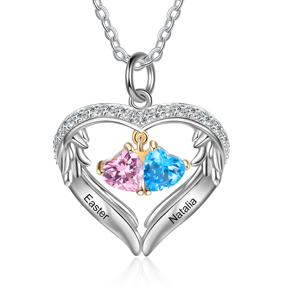 Personalised Wings Necklace With 2 Heart Birthstones Engraved Names Gift For Women-Jessemade AU