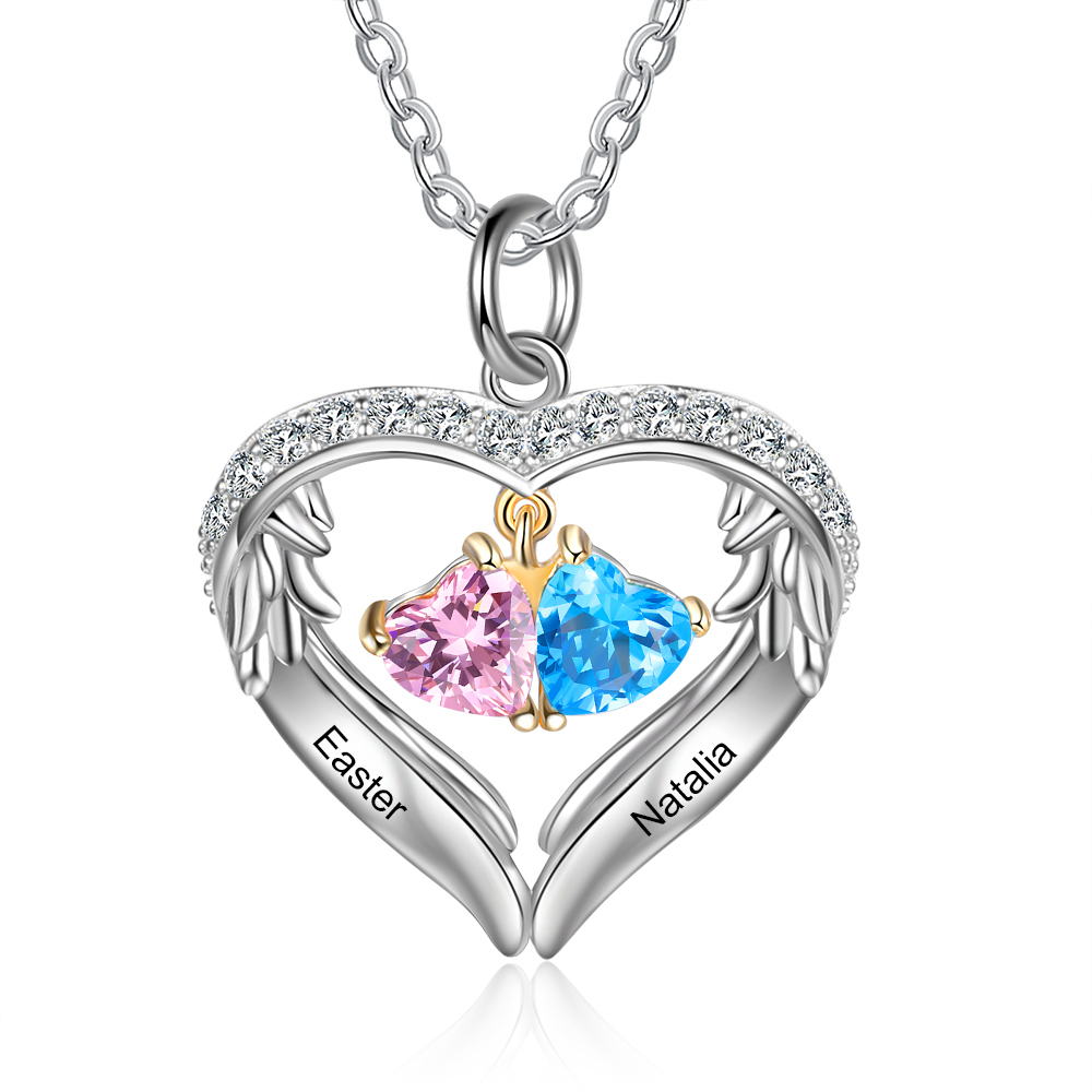 Personalised Wings Necklace With 2 Heart Birthstones Engraved Names Gift For Women-Jessemade AU