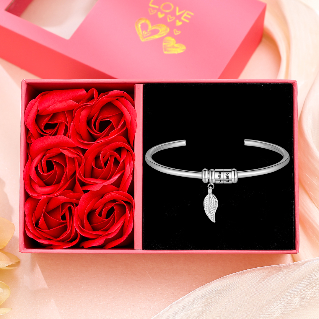 Women Bangle Bracelet with Leaf and Beads Engraved 2 Names Rose Gifts for Mother-Jessemade AU