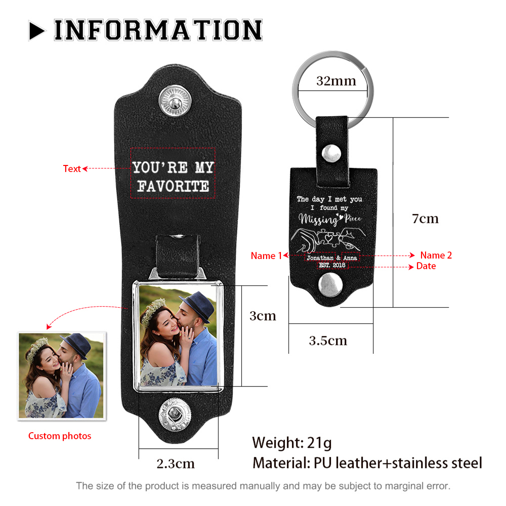Personalised Couple Photo Keychain Custom 2 Names & Text & Date Leather Keyring Romantic Gifts - The Day I Met You, I Found My Missing Piece-Jessemade AU