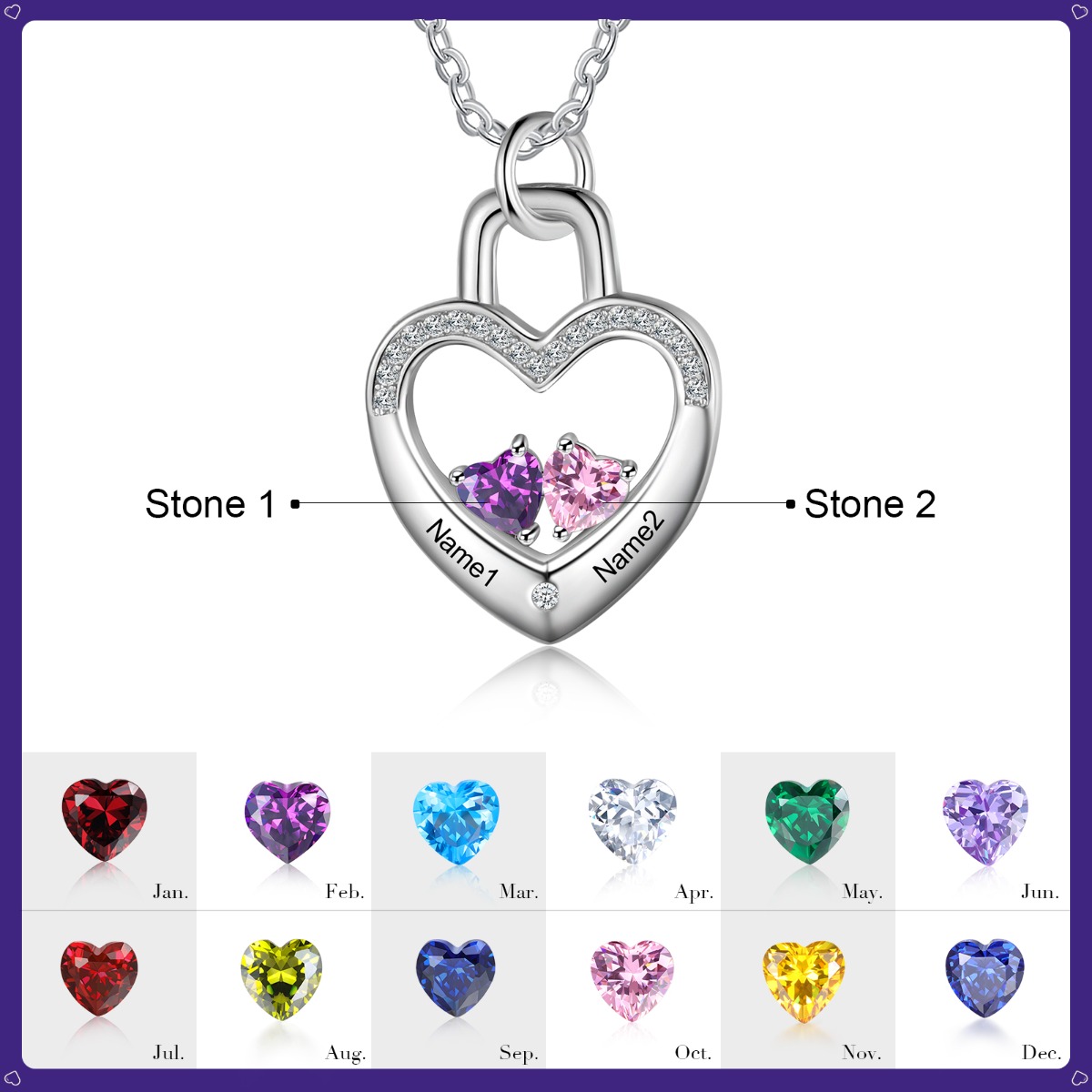 S925 Silver Love Lock Necklace Personalised Heart Necklace with Birthstone for Her-Jessemade AU