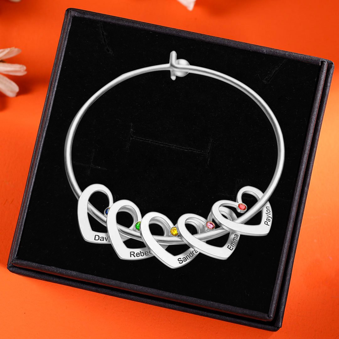Personalised Heart Bangle With 4 Names and Birthstones Bangle Bracelet Mother's Day Gifts For women-Jessemade AU