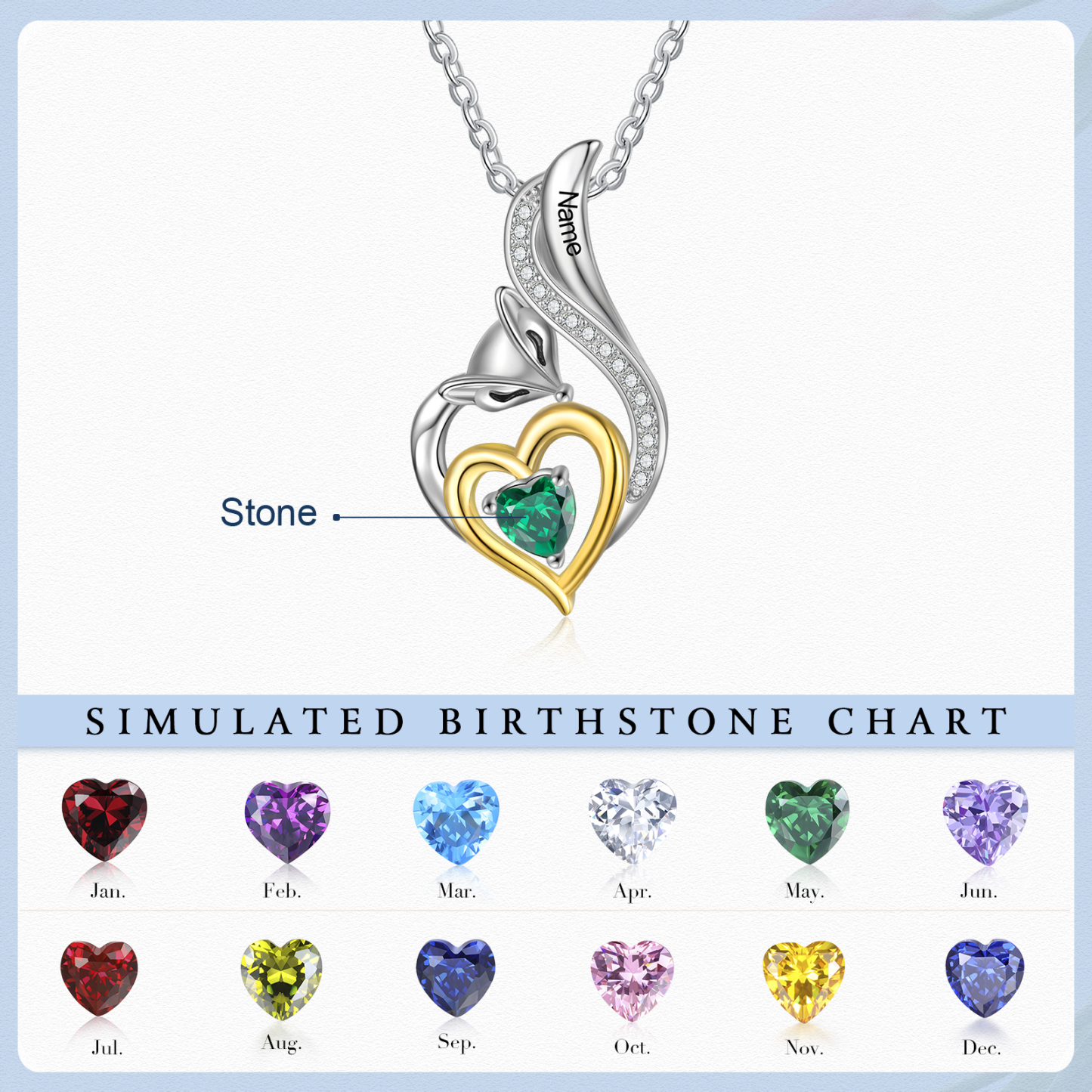 Personalised Heart Fox Necklace with Birthstone Engraved Name Gifts for Her-Jessemade AU
