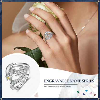 Personalised Star Ring With 1 Birthstone Engraved Names Ring Gift For Women-Jessemade AU