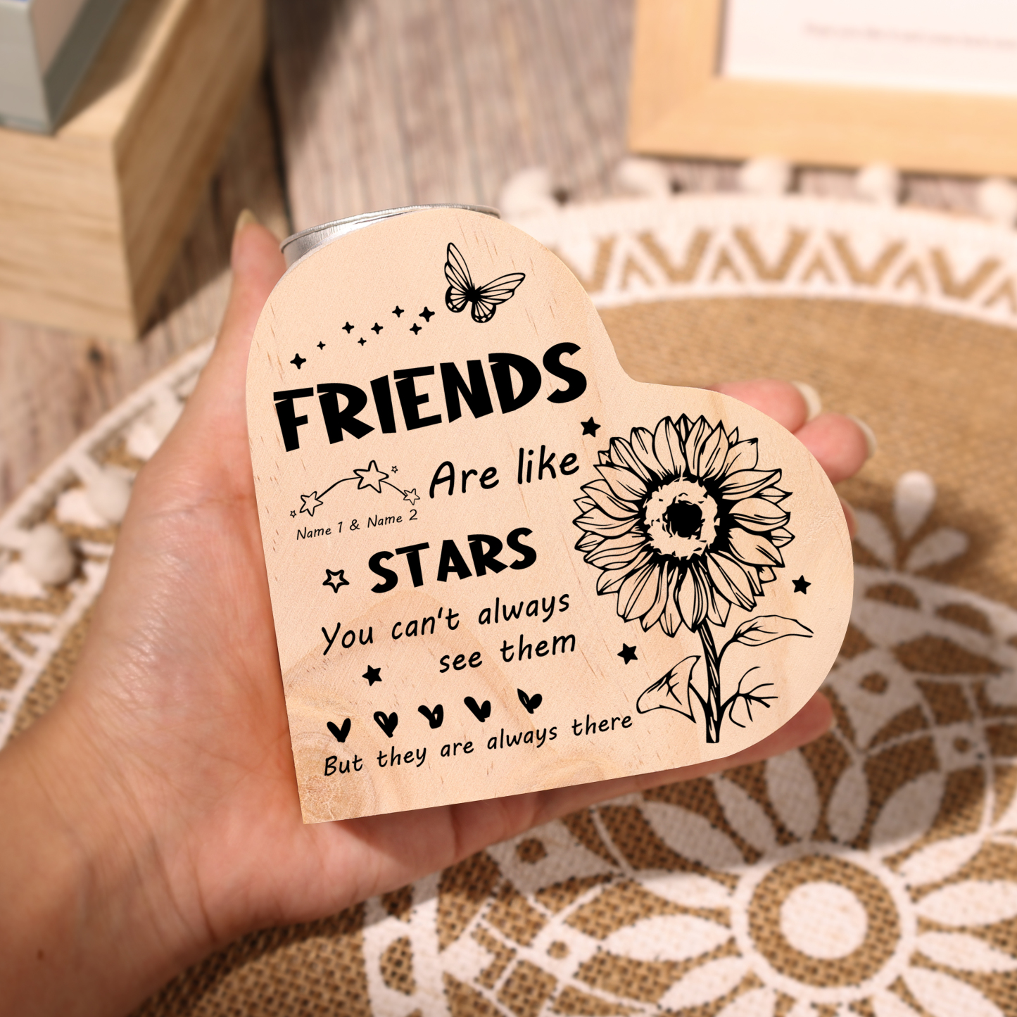 To My Friend Wooden Candle Holder Custom 2 Names Sunflowers Candlesticks - Friends Are like Stars-Jessemade AU