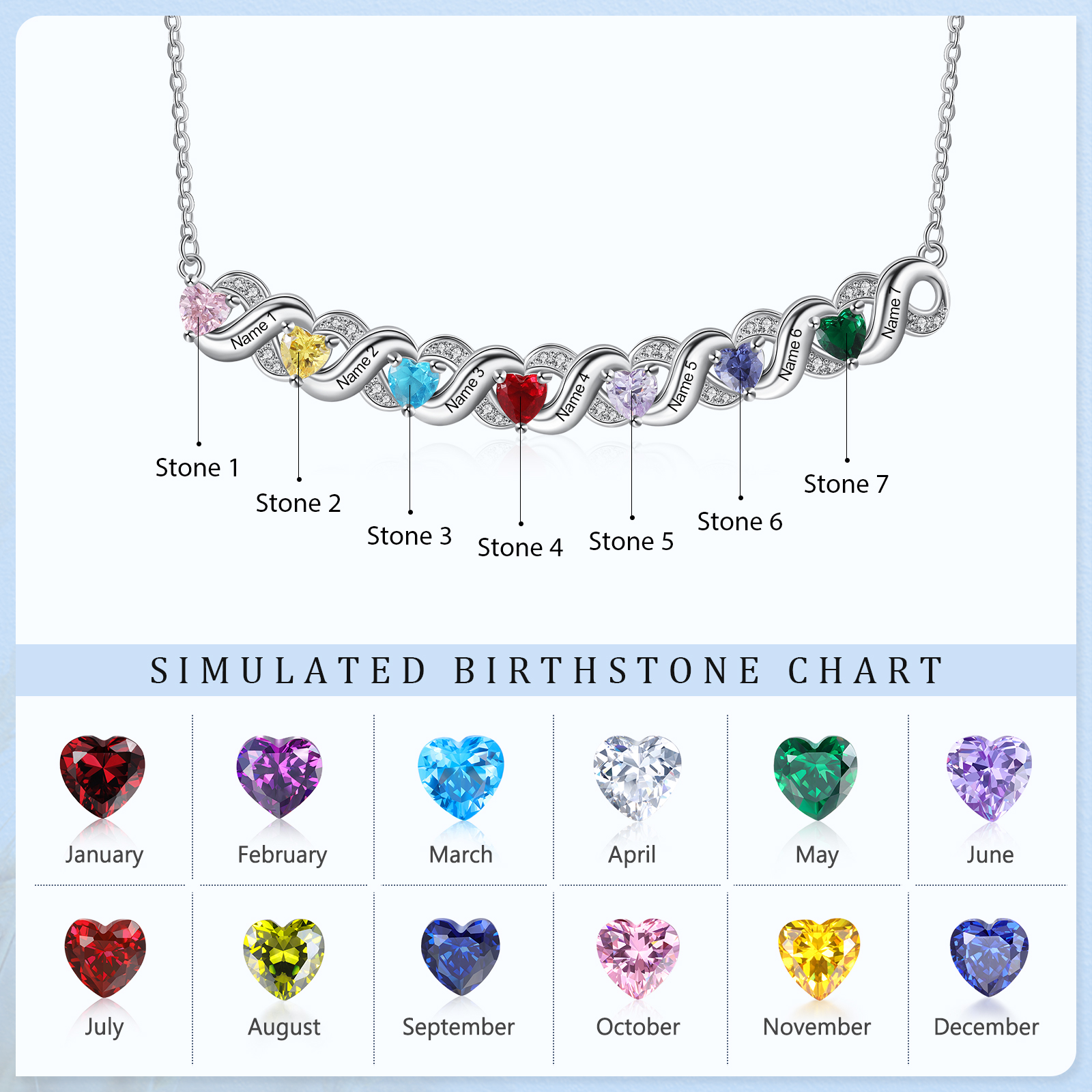 Personalised Heart Birthstone Necklace Custom 7 Names Overlap Necklace Gifts for Her-Jessemade AU