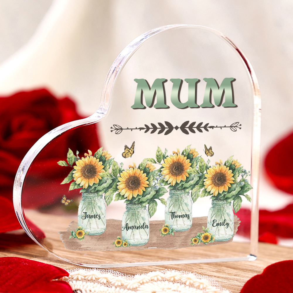 Personalised Acrylic Heart Keepsake Custom 4 Names & 1 Text Sunflower Vase Ornament Gifts for Mother/Grandma-Jessemade AU