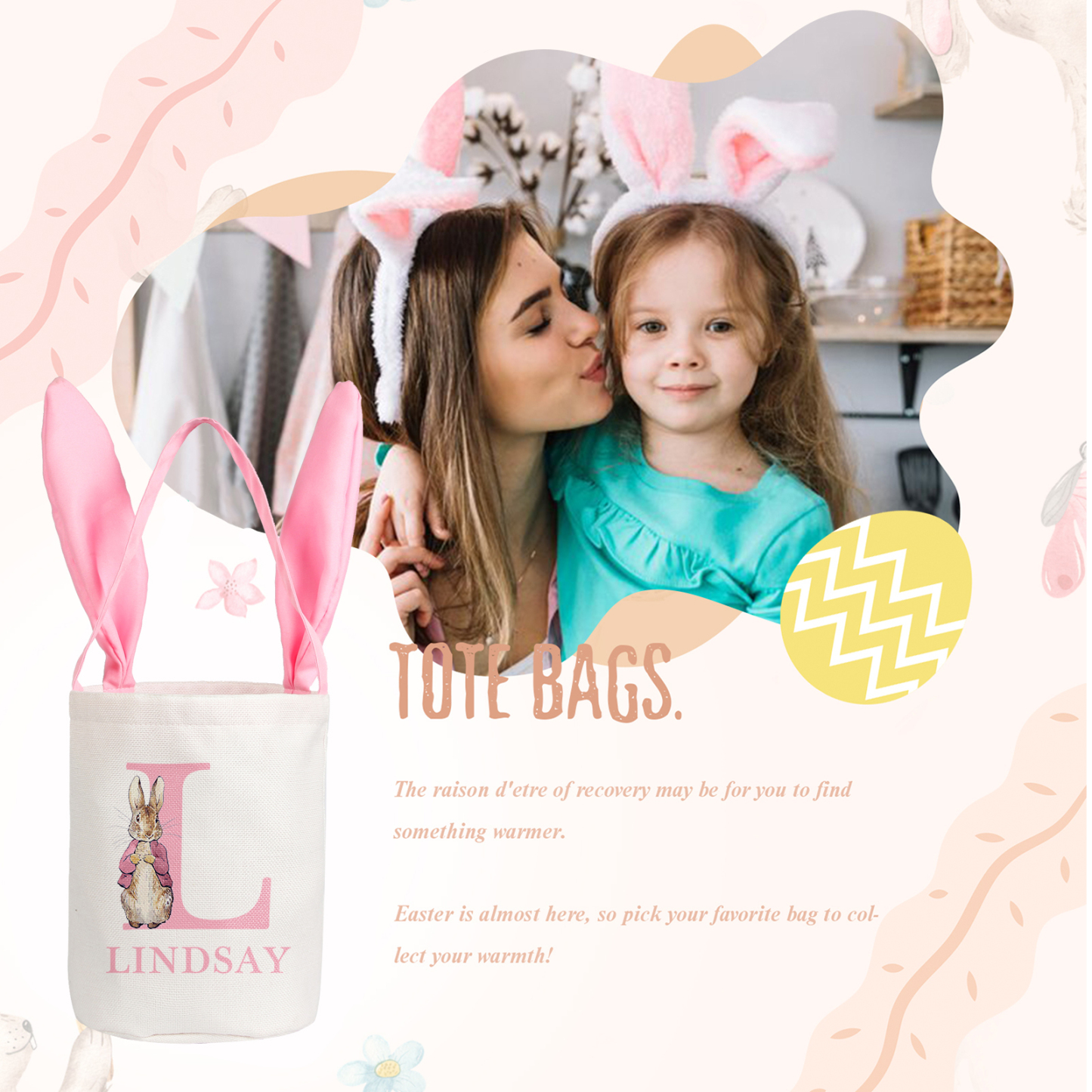 Easter Bunny Tote Bag Personalised Name & Letter Bucket Bag Bunny Basket Gifts For Kids-Jessemade AU