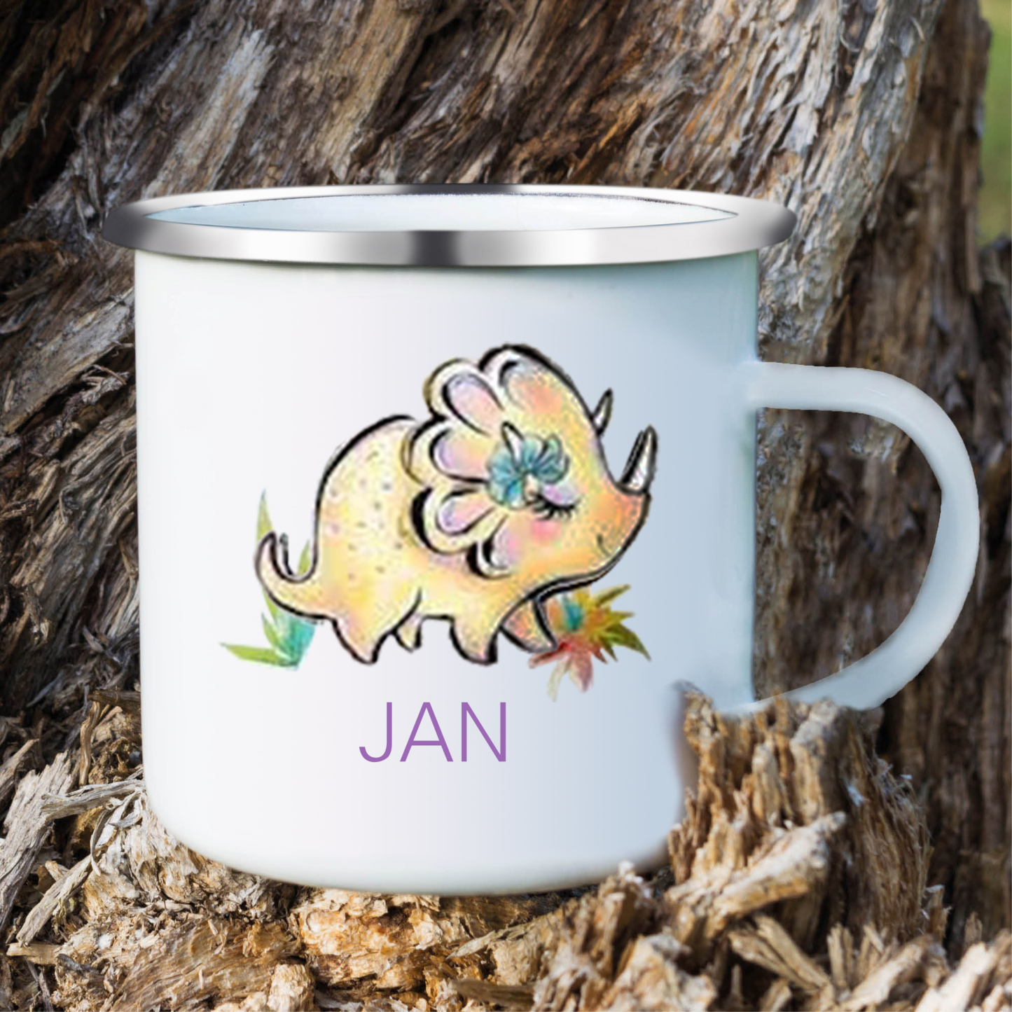 Personalised Enamel Mug Customised Name Dinosaur Cup Camping Mug Birthday Gift for Kids - Triceratops-Jessemade AU