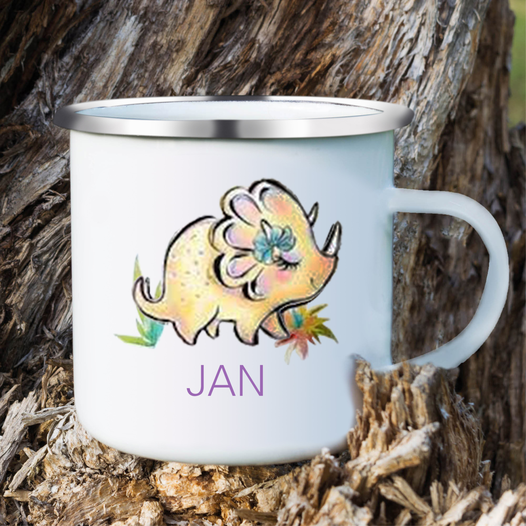 Personalised Enamel Mug Customised Name Dinosaur Cup Camping Mug Birthday Gift for Kids - Triceratops-Jessemade AU