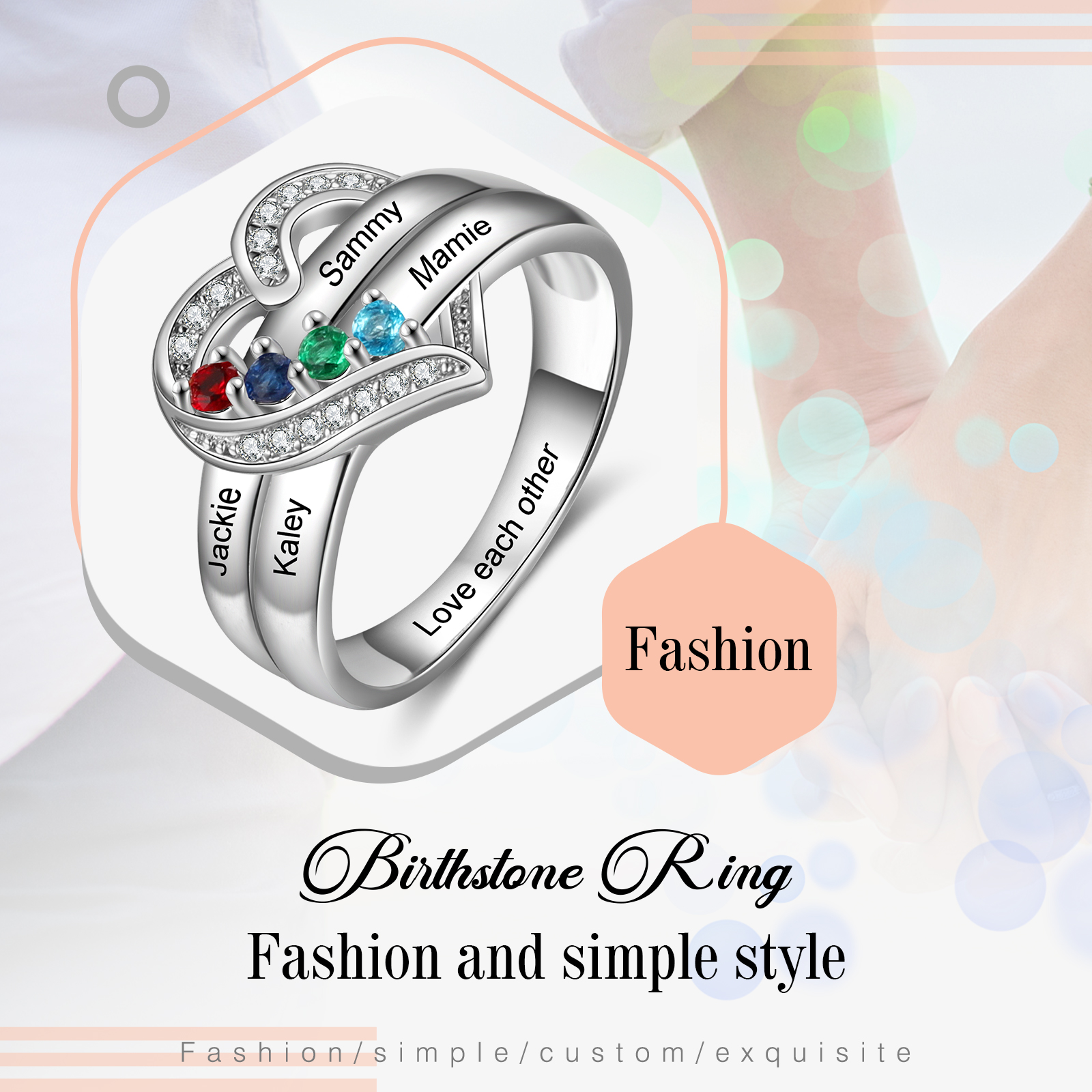 S925 Silver Personalised Mother Ring with 4 Birthstones Heart Family Ring-Jessemade AU