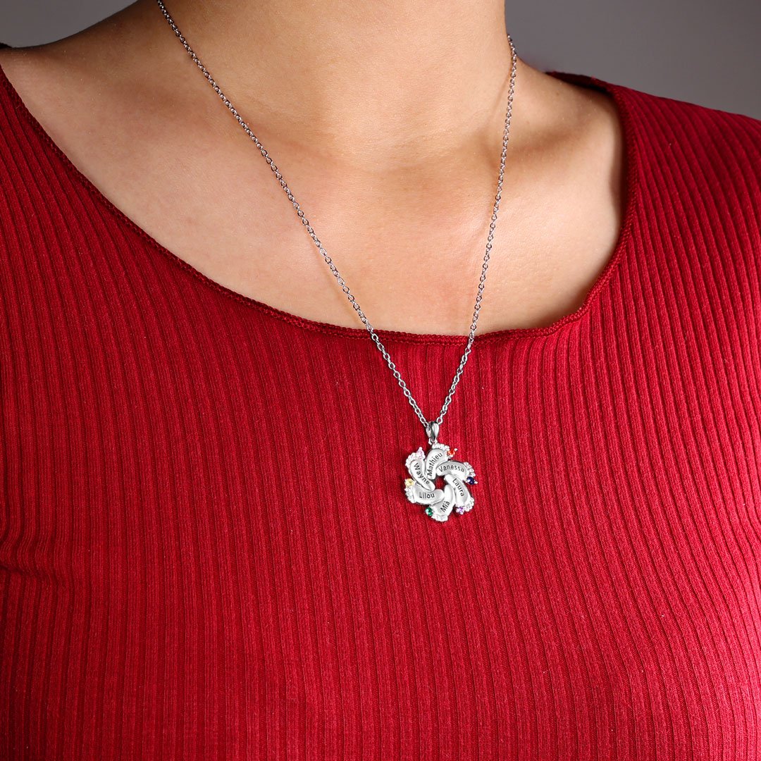 Personalised Baby Feet Necklace With 2 Birthstones Engraved Names Gift For Mother-Jessemade AU