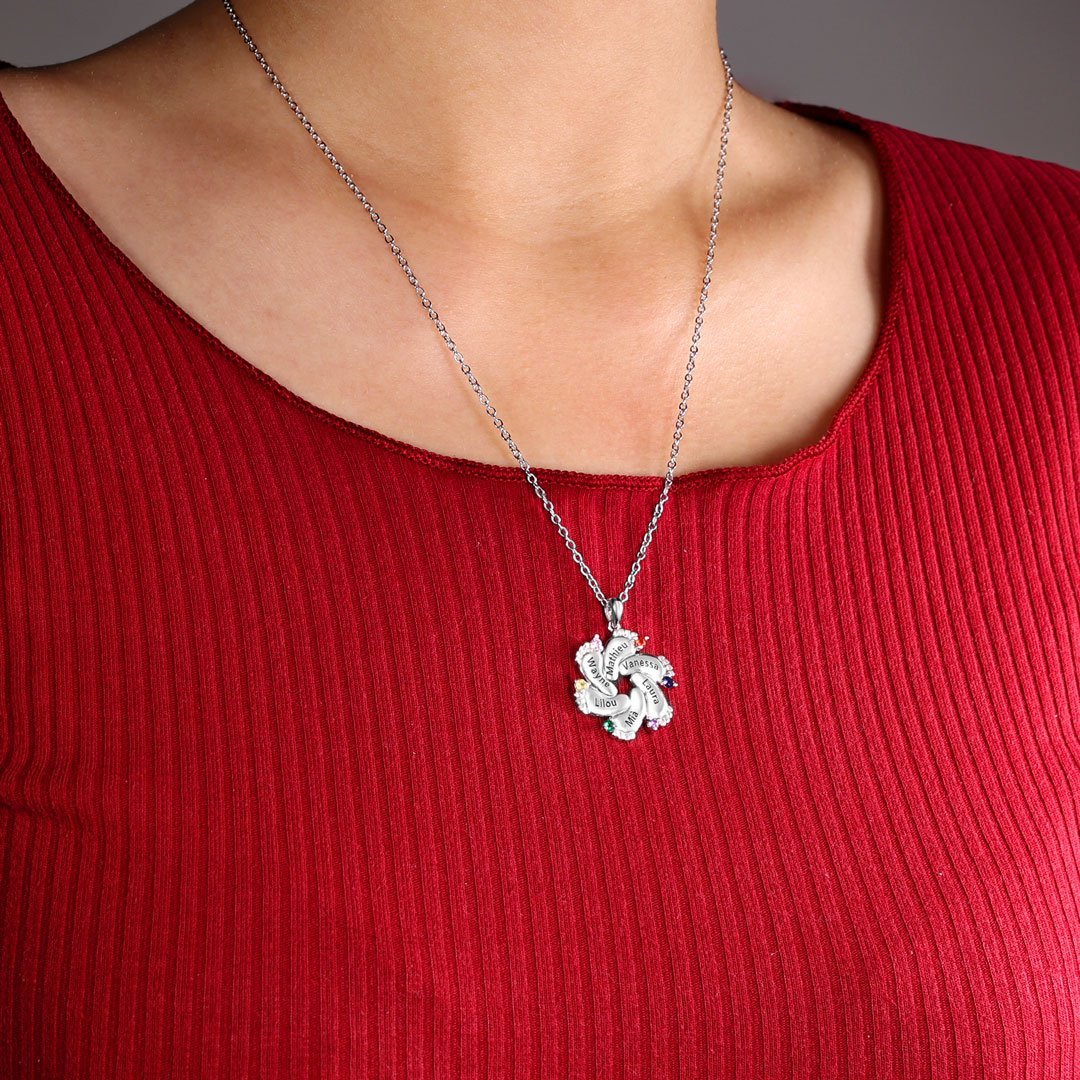 Personalised Baby Feet Necklace With 1 Birthstone Engraved Names Gift For Mother-Jessemade AU