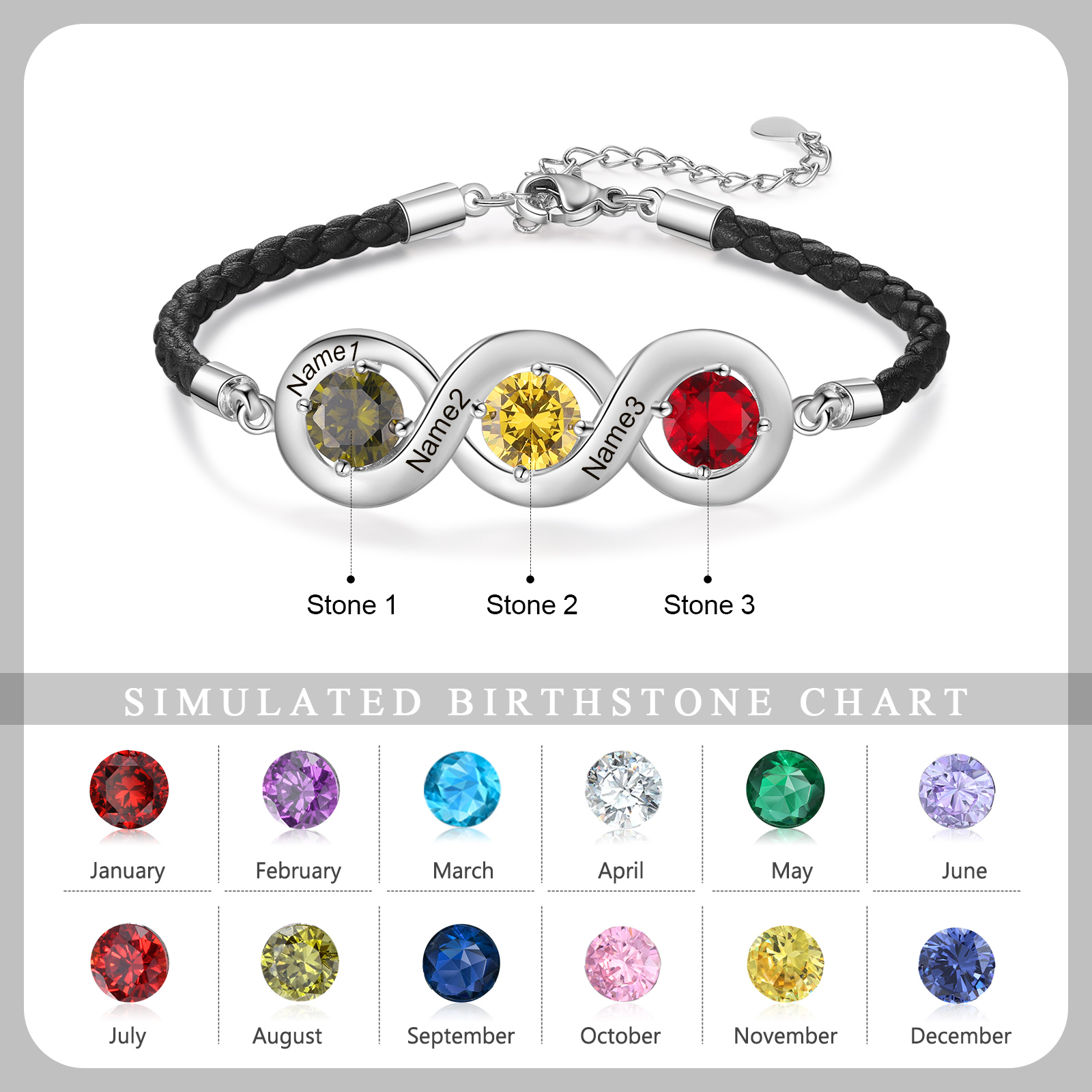 Personalised Infinity Bracelets Custom 3 Birthstones & 3 Names Adjustable Bracelet Gift for Her