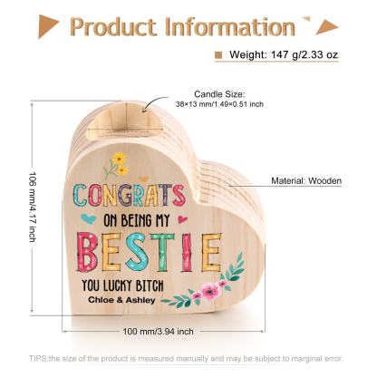 To My Bestie Heart Candle Holder Custom Text Wooden Candlestick "Congrats On Being My Bestie" Funny Gift for Friend-Jessemade AU