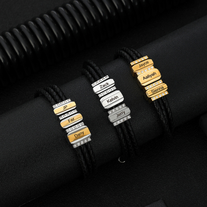 Mens Leather Bracelet with Customised Beads Personalised Three Layer Bracelet Engraved 3 Names-Jessemade AU