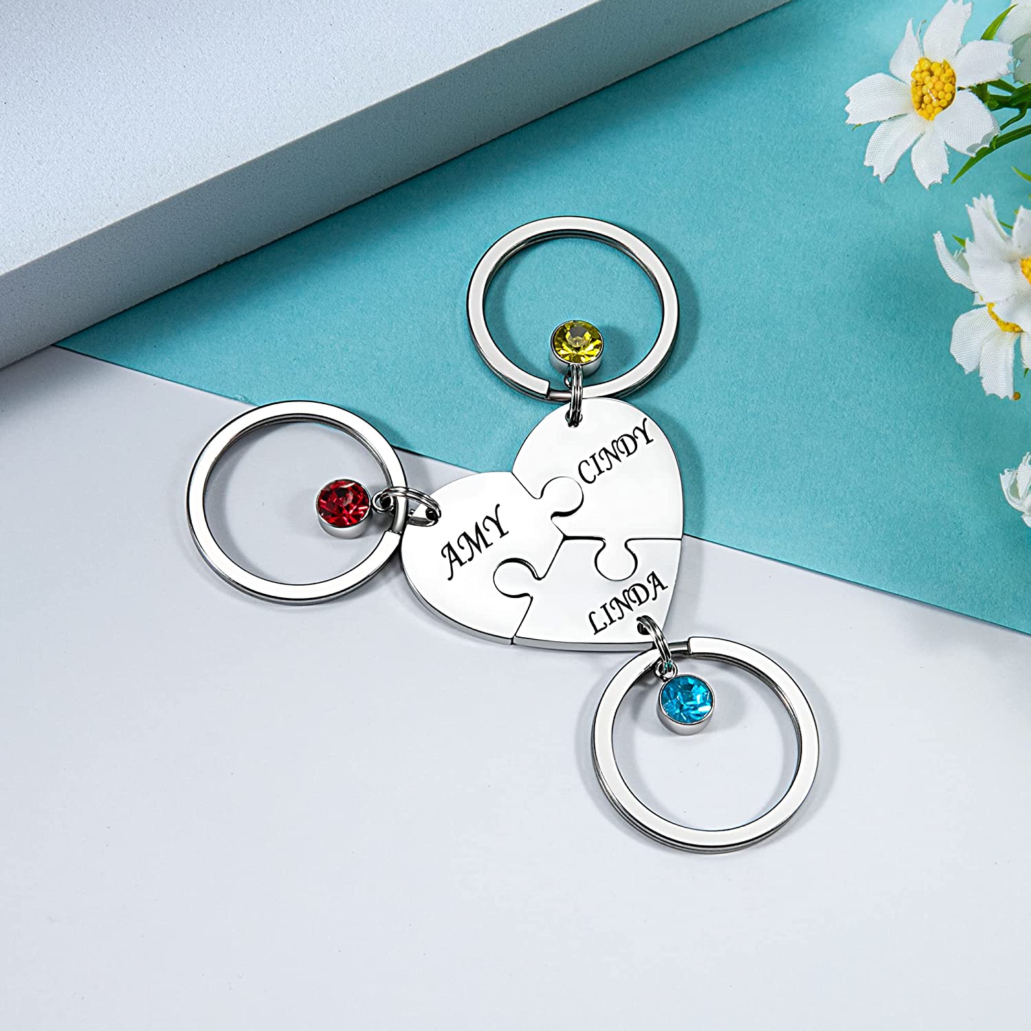 Personalised 3 Names Heart Puzzle Keychain with Birthstones Gifts for Family-Jessemade AU