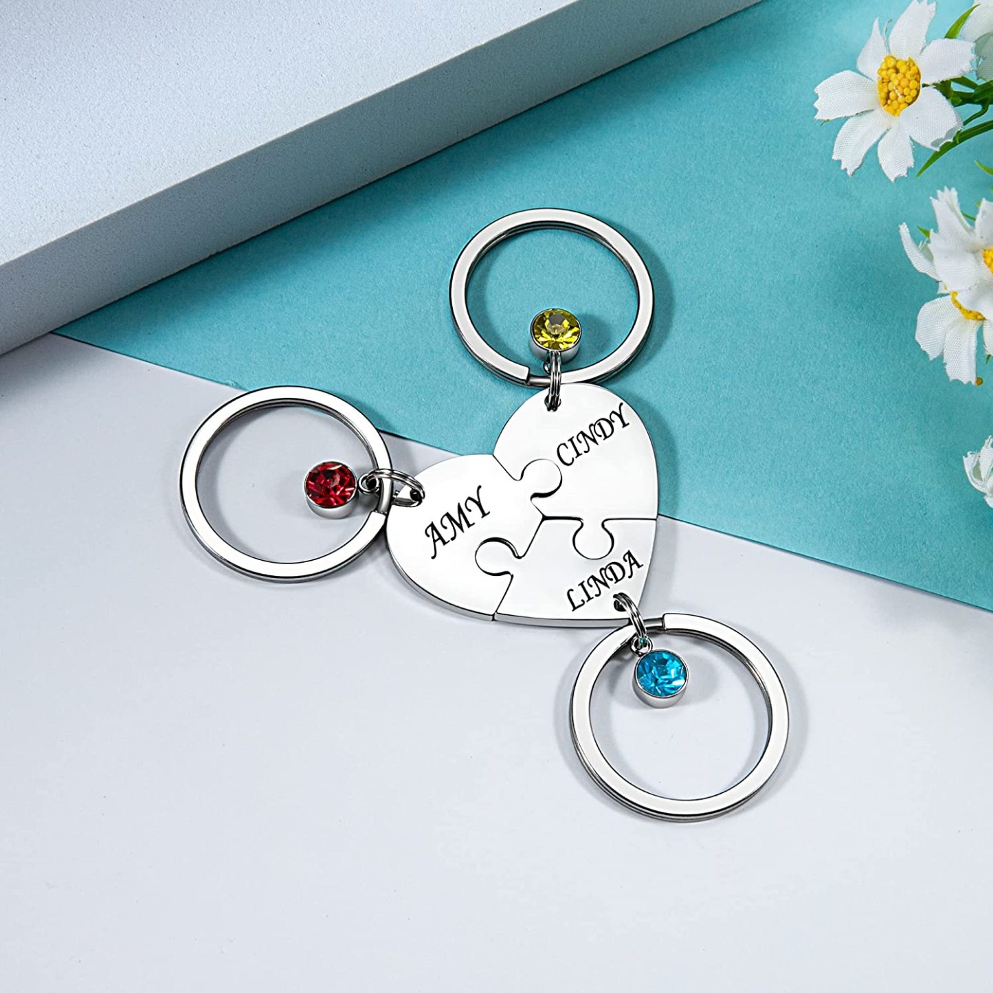 Personalised 3 Names Heart Puzzle Keychain with Birthstones Gifts for Family-Jessemade AU