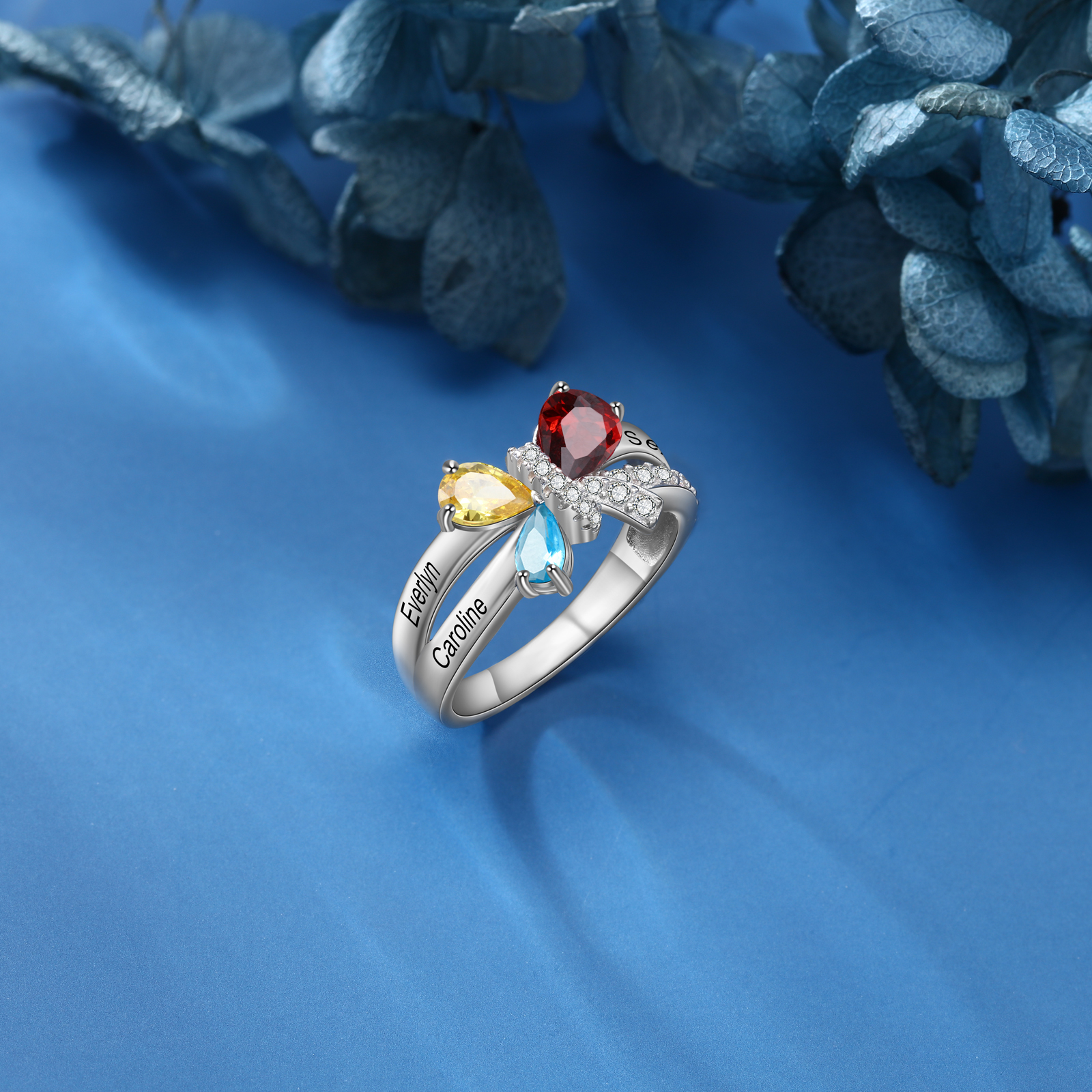 Personalised Butterfly Ring With 3 Birthstones Engraved Names Ring Gifts For Her-Jessemade AU