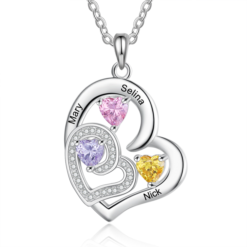 Personalised Heart Necklace With 3 Birthstones Engraved Names Gift For Her-Jessemade AU