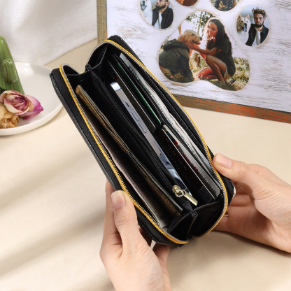 Long Purse Personalised Flower Leather Wallet Engraved 4 Photos Zip Wallet Gifts for Her-Jessemade AU