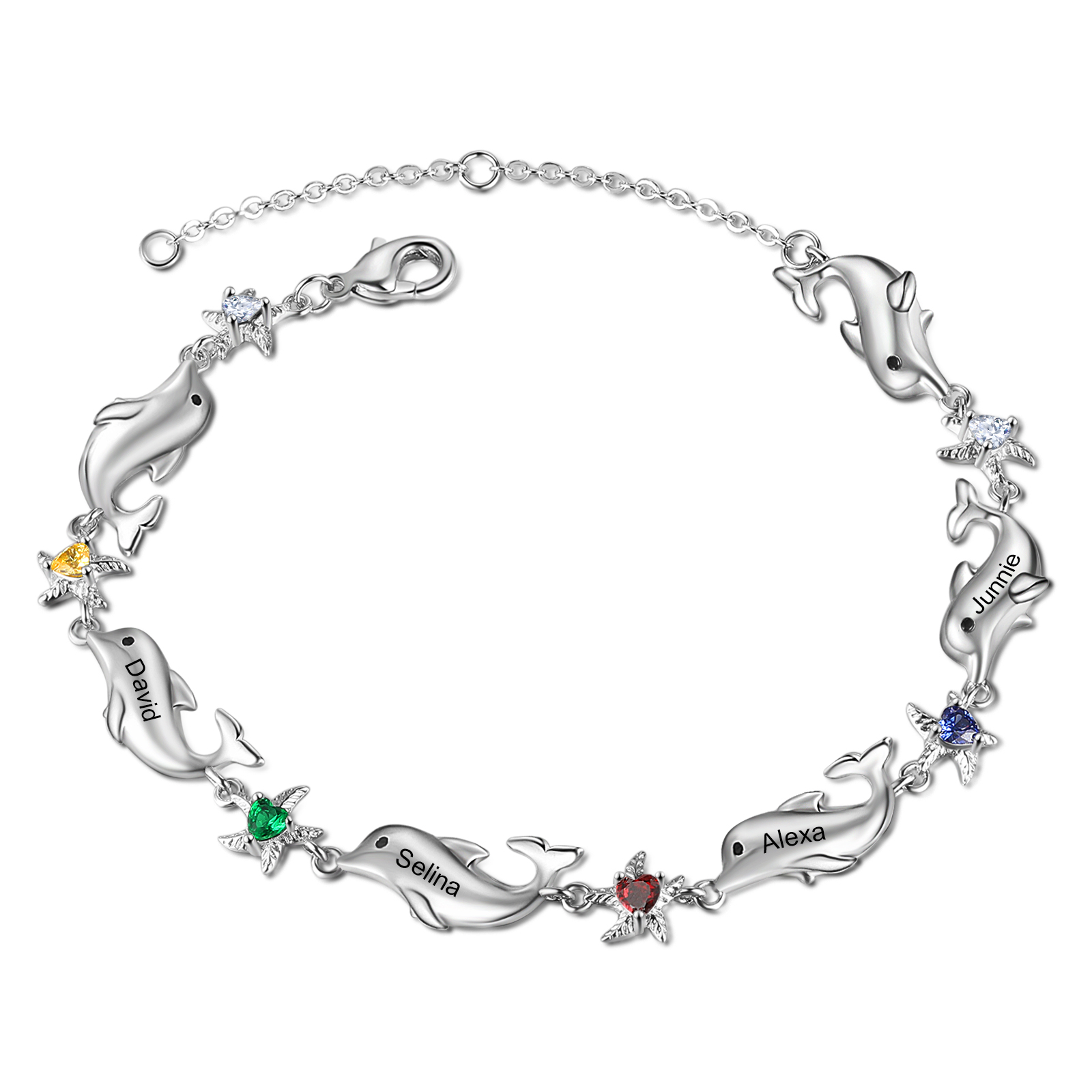 Animal Bracelet Personalised Dolphin Bracelet With 4 Birthstones Engraved Names Starfish Charm Gifts For Her-Jessemade AU