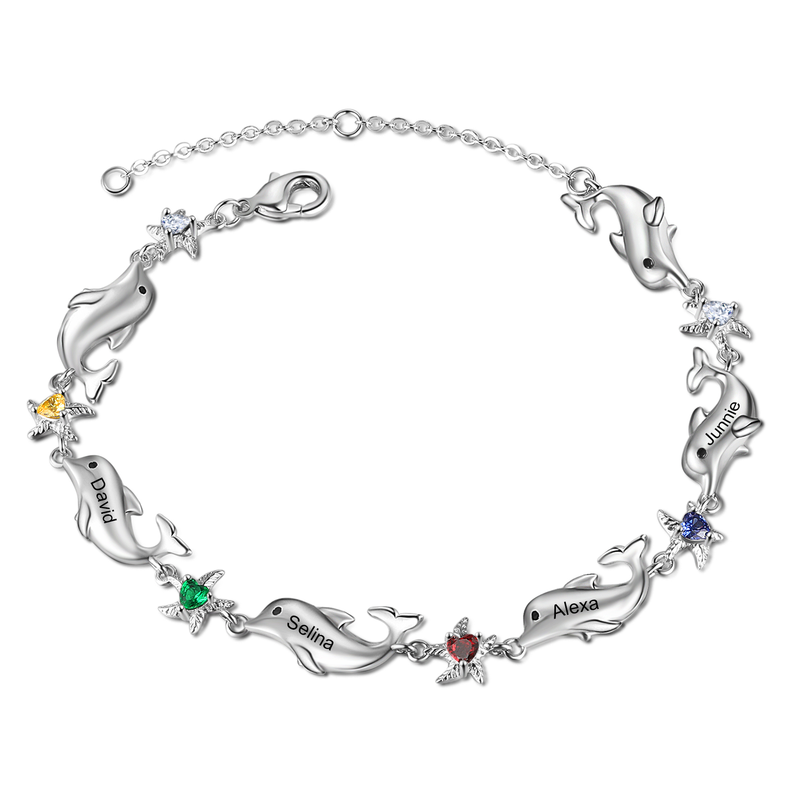Animal Bracelet Personalised Dolphin Bracelet With 4 Birthstones Engraved Names Starfish Charm Gifts For Her-Jessemade AU