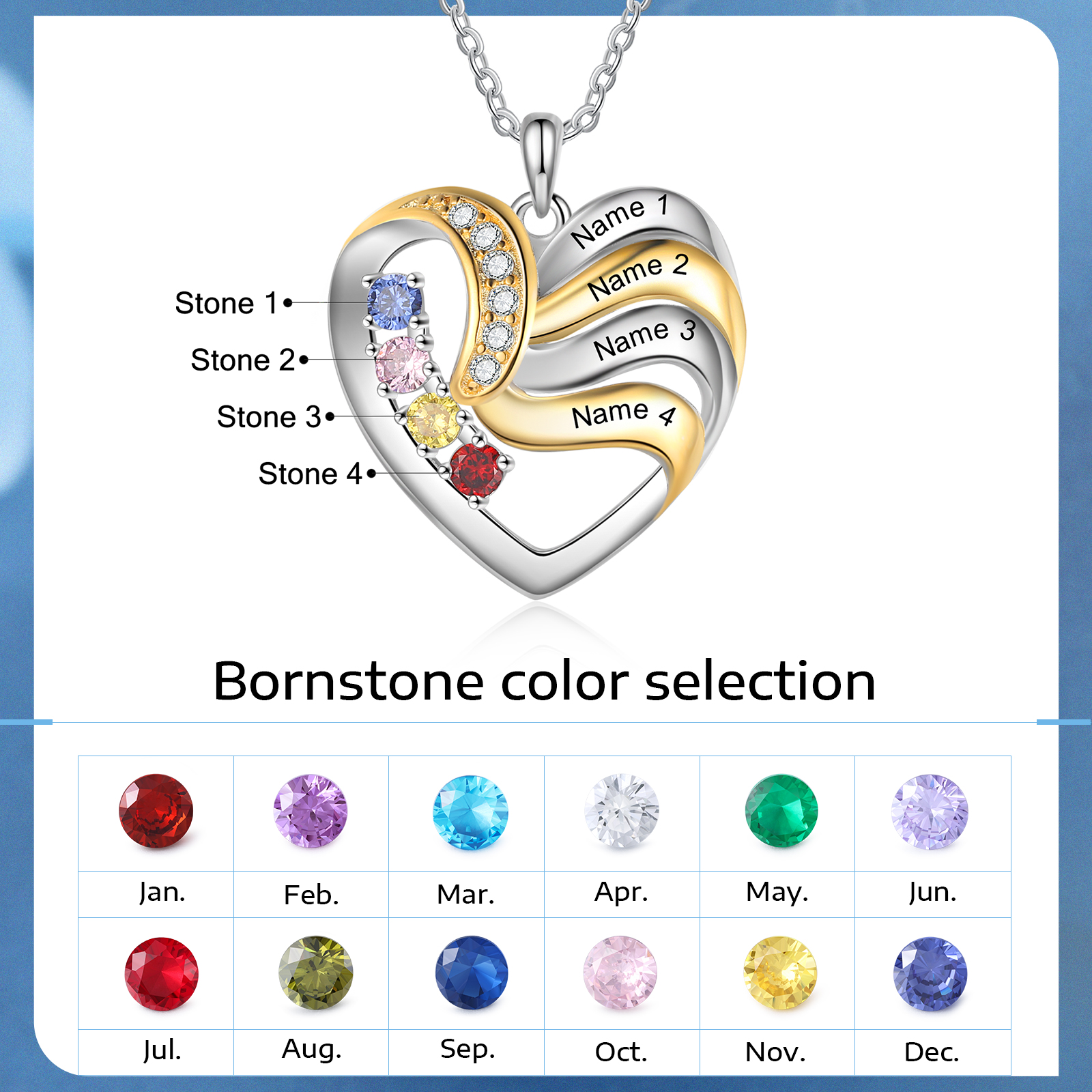 4 Names - Personalised Heart Necklace Custom Birthstones & Names Family Necklace Mother's Day Gifts-Jessemade AU