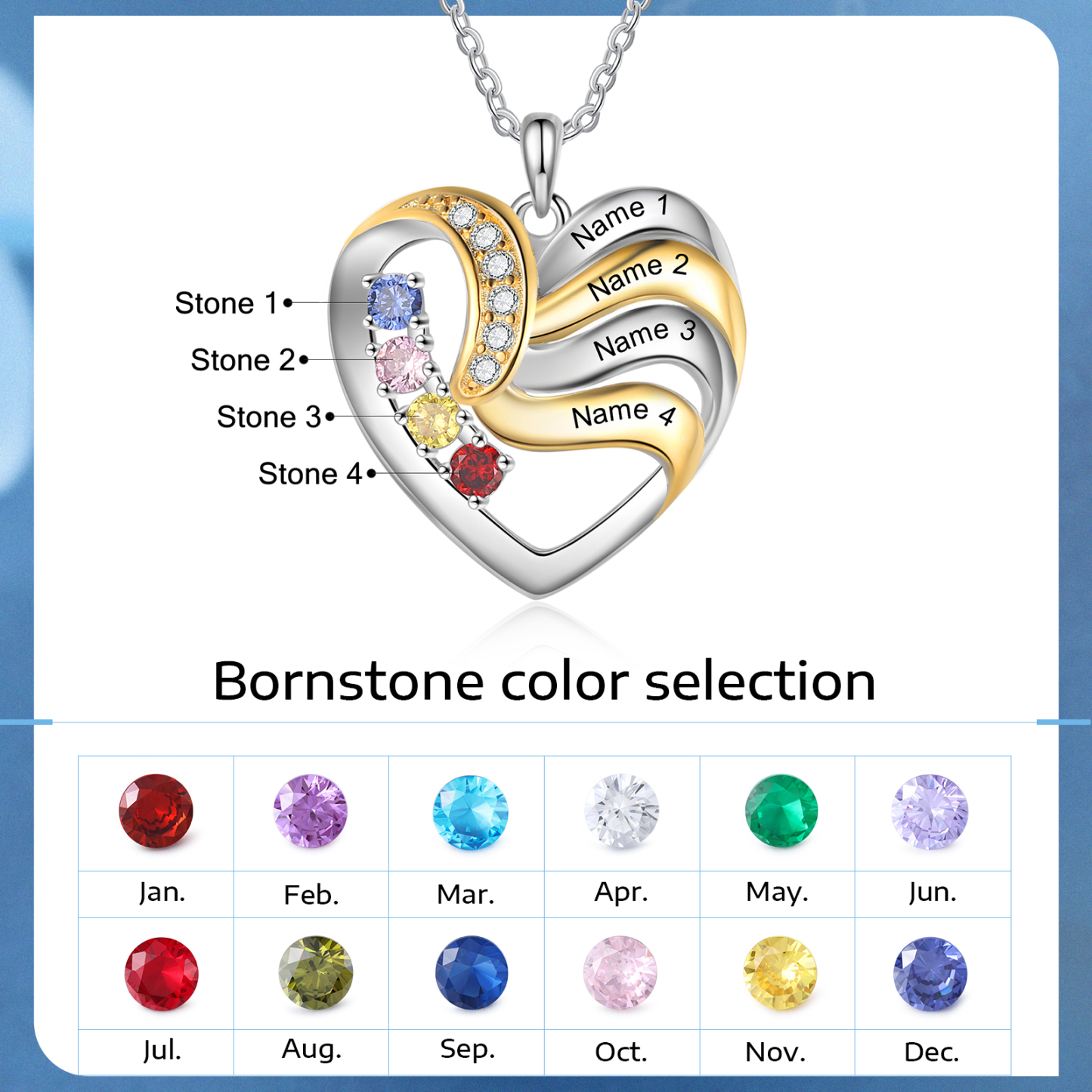 4 Names - Personalised Heart Necklace Custom Birthstones & Names Family Necklace Mother's Day Gifts-Jessemade AU