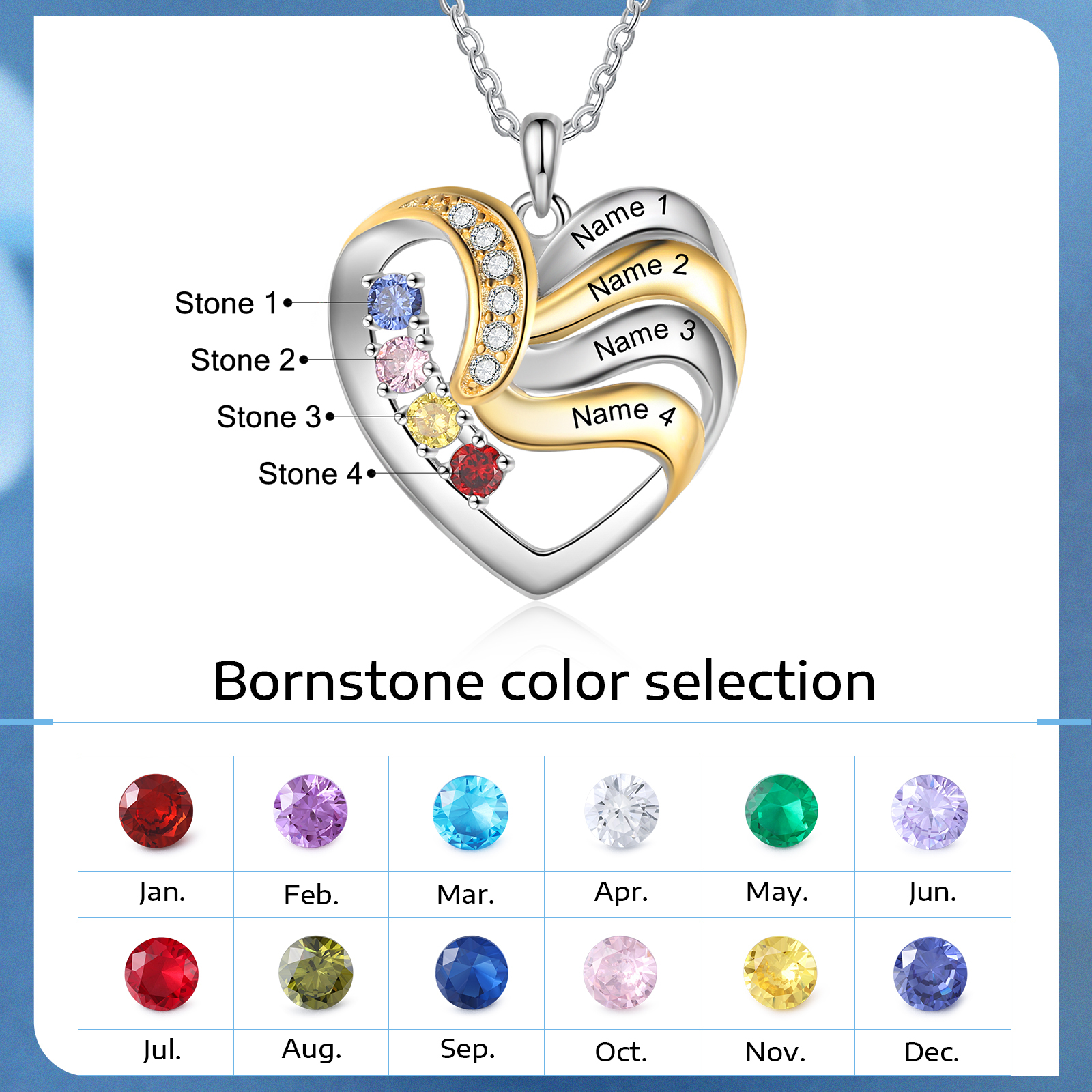 4 Names - Personalised Heart Necklace Custom Birthstones & Names Family Necklace Mother's Day Gifts-Jessemade AU