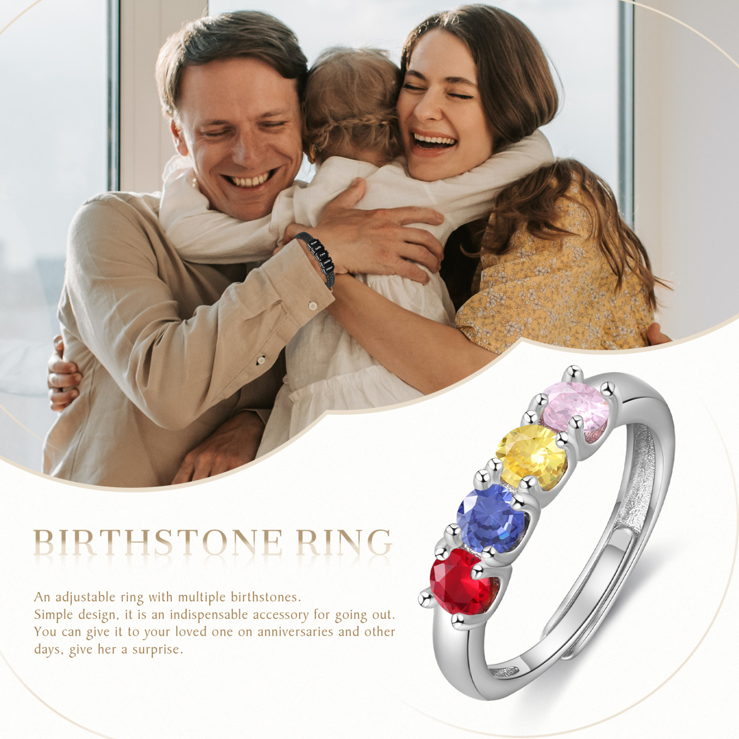 Personalised Women's Ring Customised 4 Birthstones Open Ring Birthday Gift for Women Girls-Jessemade AU