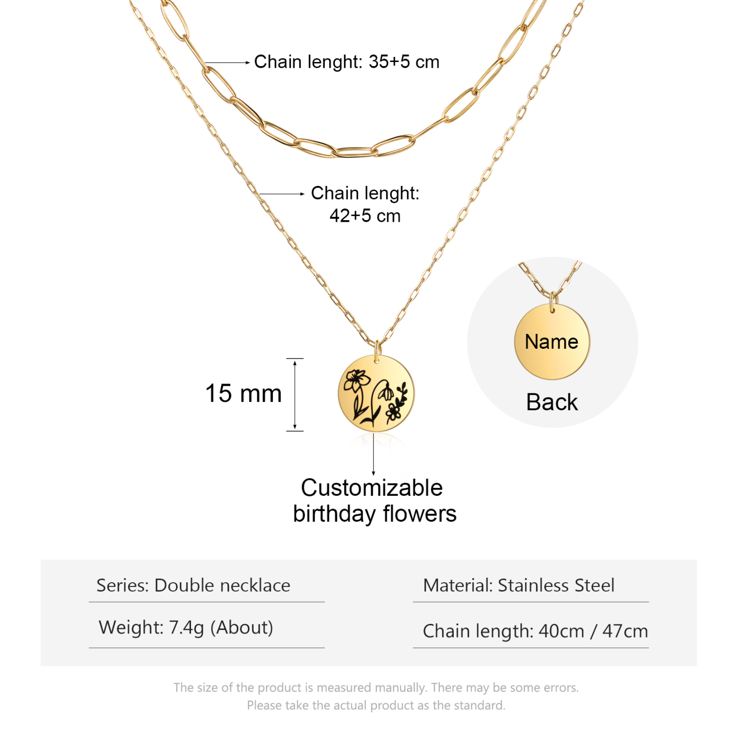 Personalised Double Necklace With 2 Birthflowers Engraved Name Gift For Her-Jessemade AU