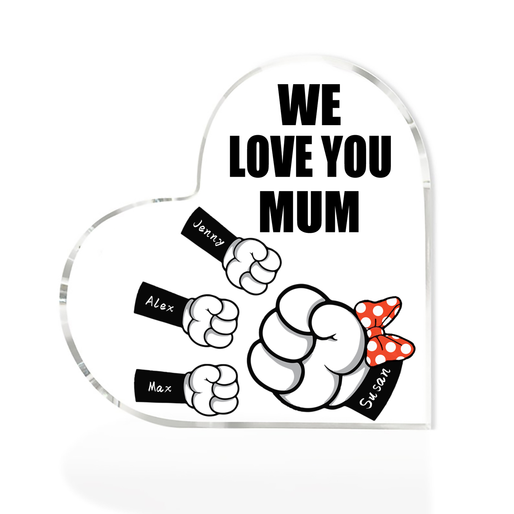4 Names - Personalised Acrylic Heart Keepsake Custom Name & Text Fist Bump Ornaments Gifts for Family-Jessemade AU
