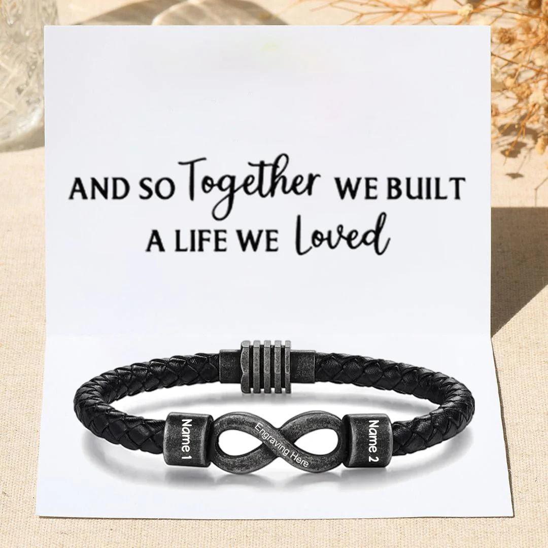 Personalised Men's Infinity Bracelet Custom 2 Names & Text Leather Bracelet Gift Set Birthday Valentine's Day Gift For Him-Jessemade AU
